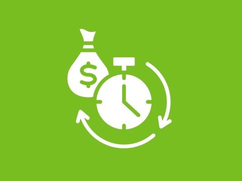 Icon showing flexible loan terms with clock, dollar bag, and arrows on green background.
