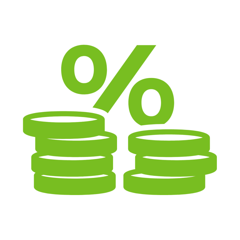 Green icon showing stacks of coins with a large percentage symbol above them, representing interest rates.